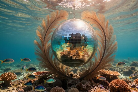 A disco ball suspended by a chain in an underwater coral reef setting, surrounded by vibrant tropical marine life and shimmering light effects.