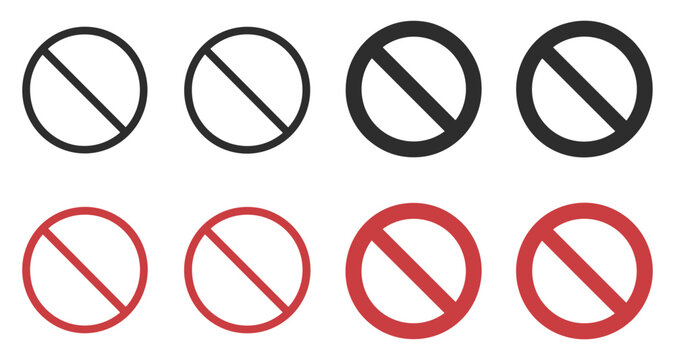 A collection of eight circular prohibition or restriction signs with a diagonal line across them presented in two rows of four signs each