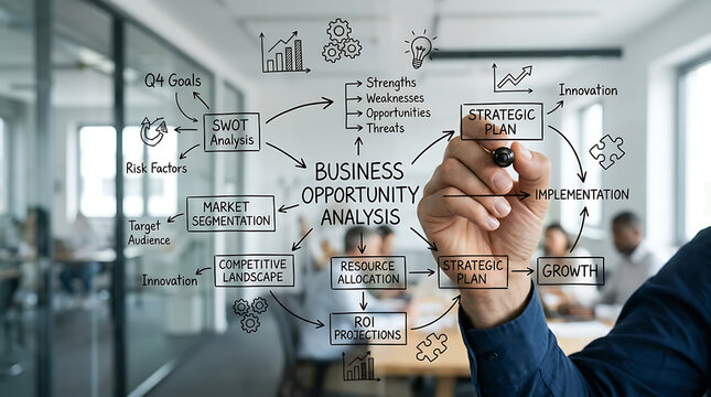 Business professional drawing a complex opportunity analysis flowchart on a glass wall in the office.
