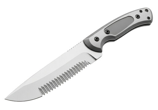 A sharp metal survival knife with a serrated blade and a sturdy grey handle for outdoor use isolated on transparent background