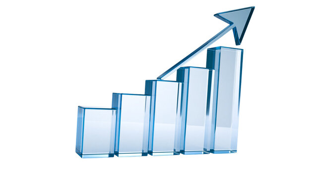 Glass bar chart with upward arrow, isolated on transparent background