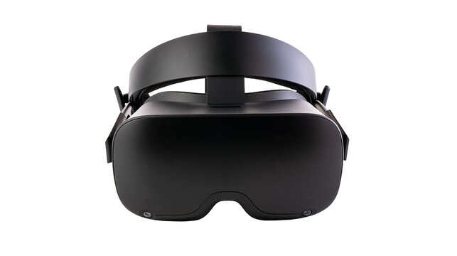 Black virtual reality headset with adjustable strap, isolated on transparent background