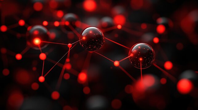 Vibrant Red Molecular Network Visualization Featuring Glowing Spheres and Interconnected Bonds Across a Dark Background