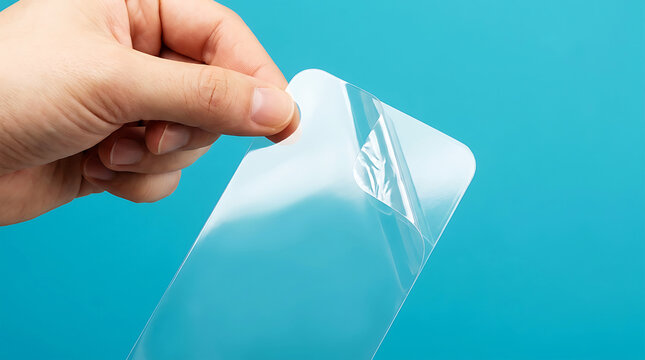 Hand holding smartphone with white screen against blue background