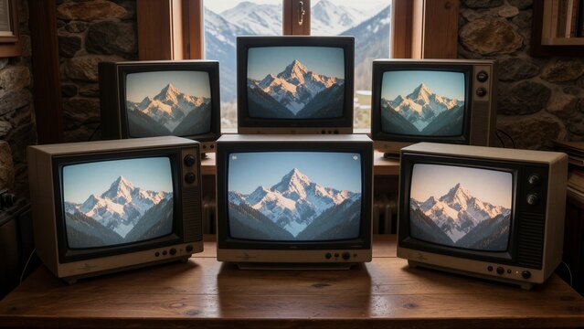Six vintage CRT televisions display identical images of a snow-capped mountain range in a rustic room with natural daylight.