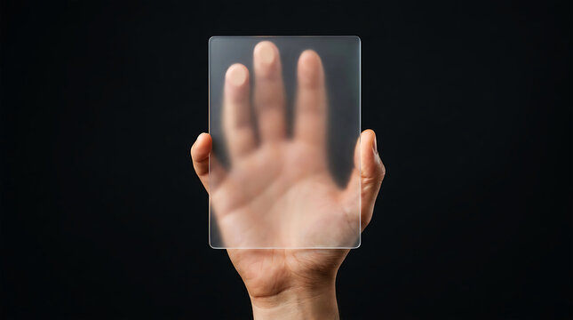 Hand holding transparent glass panel with glowing blue lights