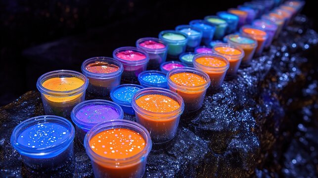 Vibrant Row of Tiny Transparent Cups Filled with Neon Colored Powders Under Blue Lighting