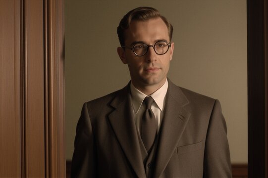 A man in a tailored brown three-piece suit stands confidently in a doorway with polished wooden door frames and a muted beige wall.