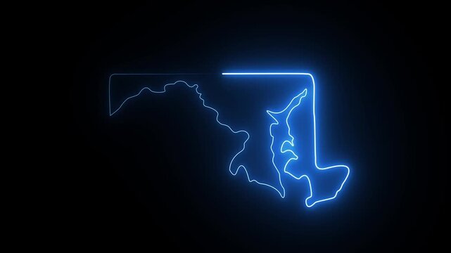 Maryland state map outline with a glowing blue neon light effect on a dark black background