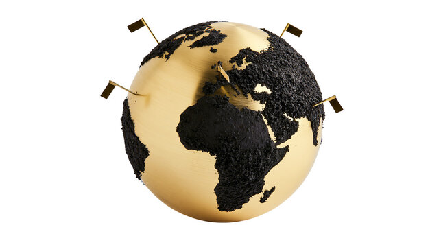 Golden globe with black textured continents and small flags, isolated on transparent background