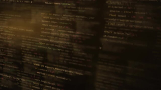 Dynamic blurred code background featuring amber hues with glowing text elements, creating an abstract finance-themed atmosphere, perfect for tech and financial visuals.