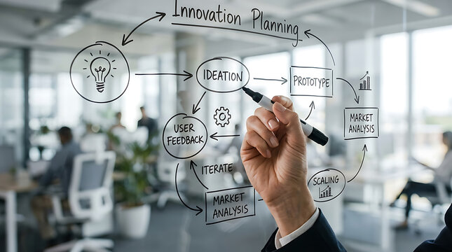 Business professional drawing an innovation planning flowchart on a glass office wall.