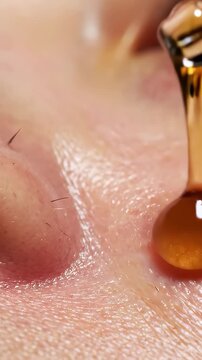Centella Asiatica Soothing Drops Applied to Sensitive Cheek Skin Close Up Dropper Pipette Anti Inflammatory Serum Commercial