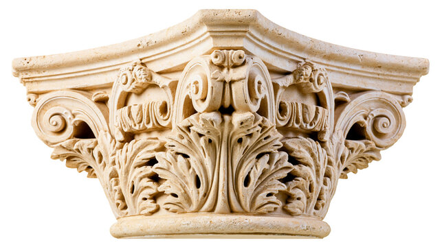 Ornate Corinthian column capital with acanthus leaves and volutes, isolated on transparent background