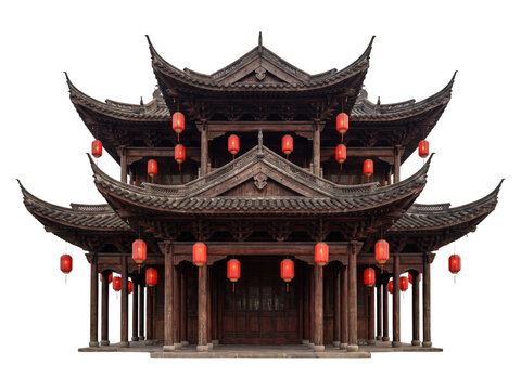 Traditional chinese pavilion with red lanterns isolated on transparent background