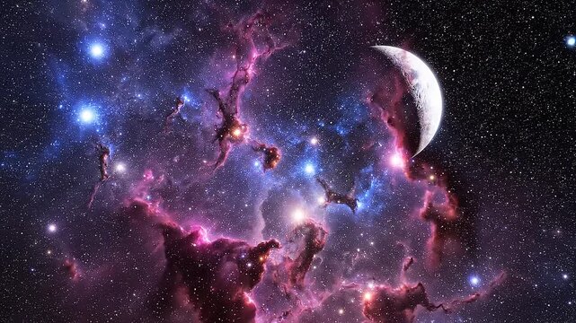 Cinematic animation of a glowing nebula with a crescent moon in space