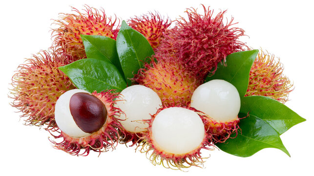 Fresh rambutan fruits with green leaves one peeled revealing white flesh and seed, isolated on transparent background
