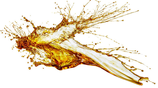 Amber liquid splash with droplets and streams, isolated on transparent background