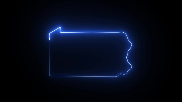 Glowing blue neon outline of pennsylvania state map shape on a dark black background