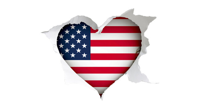 Torn paper revealing American flag heart shape, isolated on transparent background