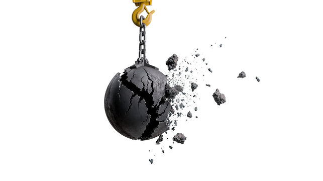 Cracked dark grey wrecking ball suspended by a yellow hook and chain, isolated on transparent background