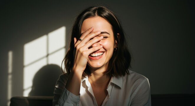 Young woman laughing while covering part of her face with her hand near a window, sunlit natural candid lifestyle portrait concept photography concept