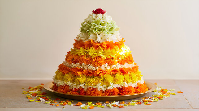 Conical Bathukamma flower stack on a brass plate for the festival