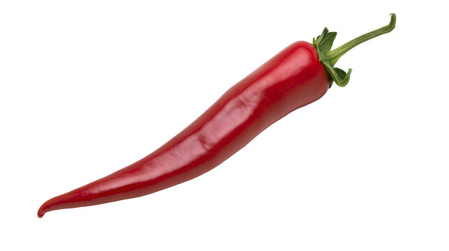 Shiny red chili pepper with green stem, isolated on transparent background