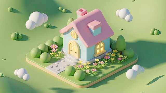 3D stylized miniature pastel house on a floating green island.
