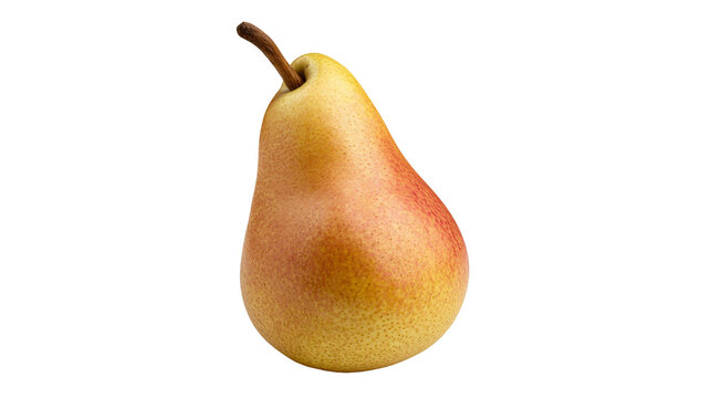 Ripe yellow and red pear with brown stem, isolated on transparent background