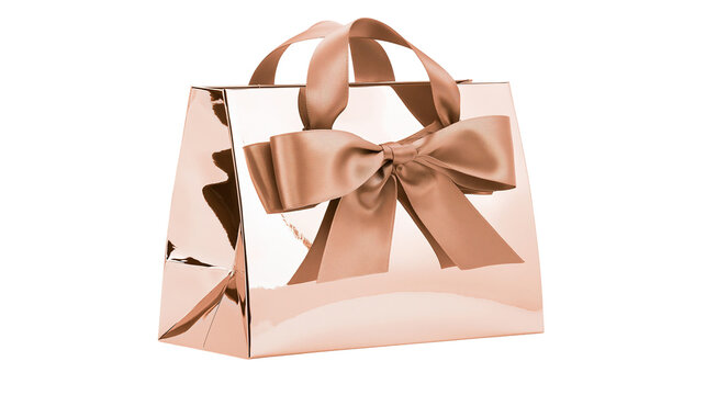 Rose gold metallic shopping bag with satin ribbon bow, isolated on transparent background