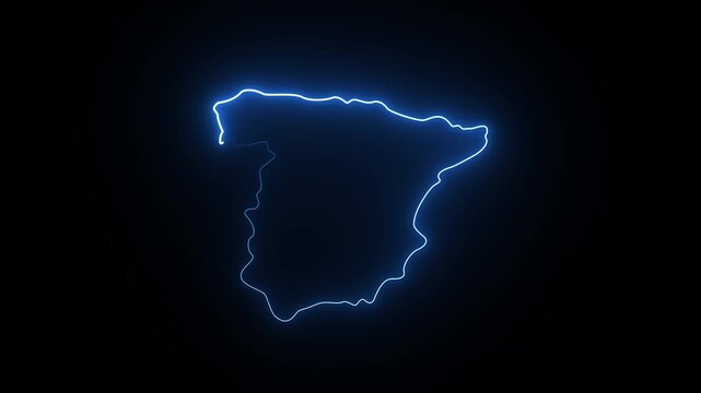 Glowing blue neon outline map of spain on a dark black background