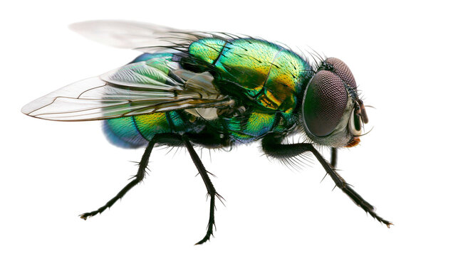 Metallic green bottle fly with iridescent wings, isolated on transparent background