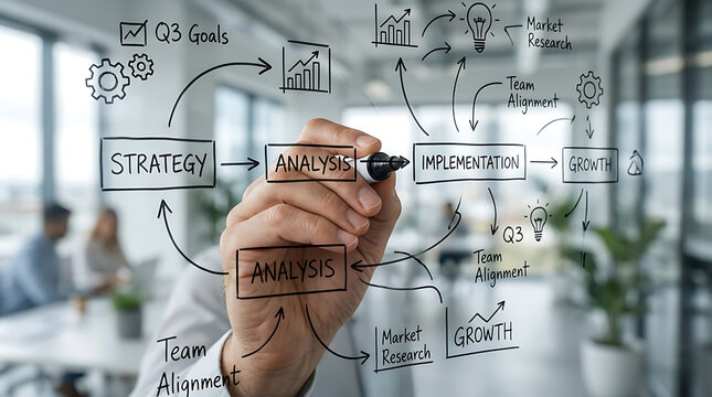 Business professional drawing a strategic growth and implementation flowchart on a glass office wall.