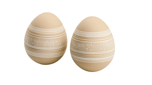 Two beige decorative eggs with white etched patterns, isolated on transparent background