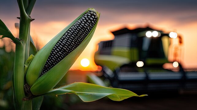 Close up view of corn cob in field during harvest with combine harvester and setting sun in background