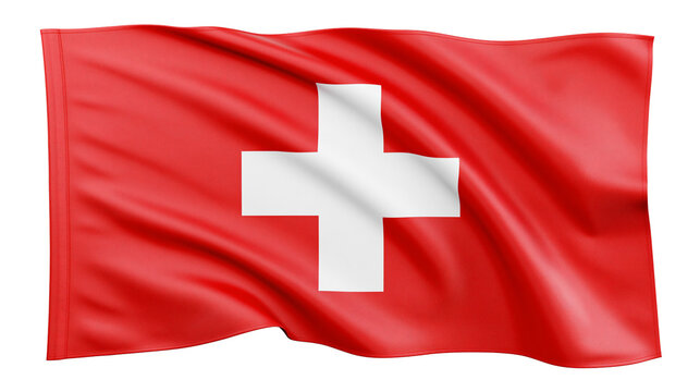 Waving Swiss flag with white cross, isolated on transparent background