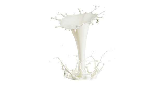 White milk splashing upwards creating dynamic liquid crown and droplets, isolated on transparent background