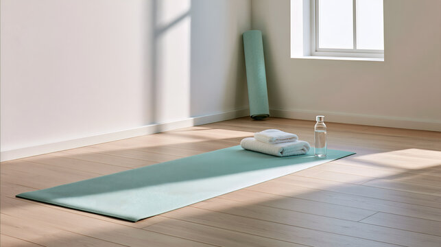 Yoga mat rolled out in a sunlit bright room ready for a workout