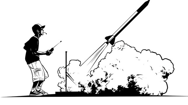 Boy launching a rocket with remote control, isolated on transparent background