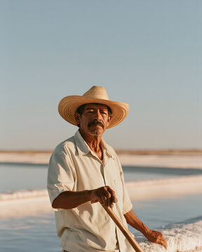Salt harvester beside a wooden rake at the evaporation ponds
