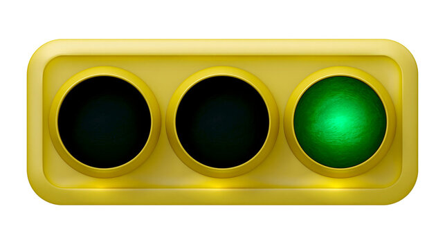 Yellow traffic signal with one green light illuminated, isolated on transparent background