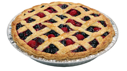 Golden lattice crust berry pie with raspberries and blueberries, isolated on transparent background © ELISA