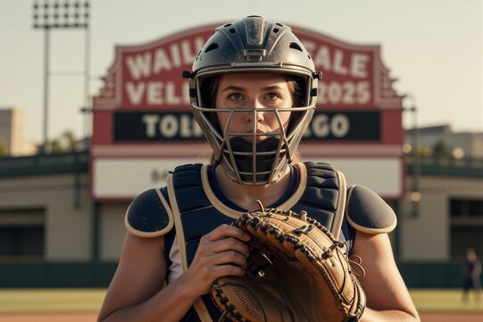 A baseball catcher stands focused on the field at golden hour, surrounded by vintage scoreboard and stadium lights.