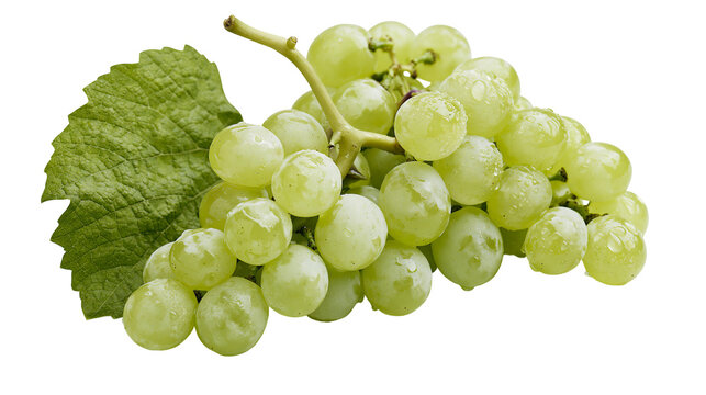 Fresh green grapes with water droplets and a leaf, isolated on transparent background