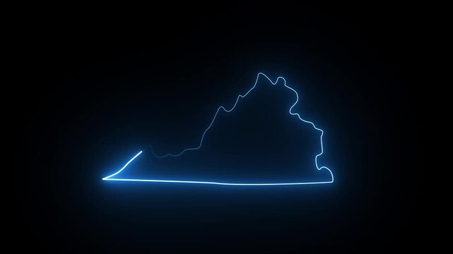 Glowing neon blue outline map of virginia state on a dark black background