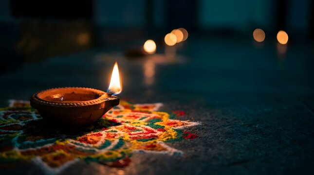 Traditional clay oil lamp glowing on a colorful rangoli pattern during the diwali festival celebration