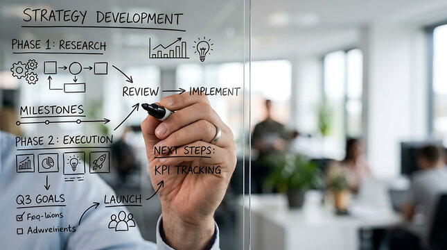Business professional drawing a strategy development flowchart on a glass wall in modern office.