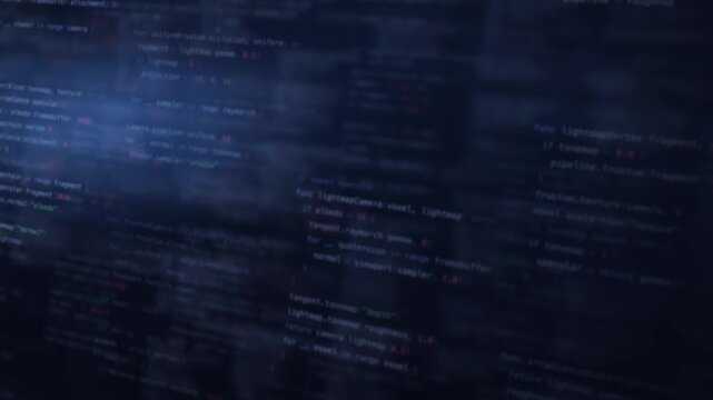 Dynamic blurred code background featuring indigo hues with glowing text elements, creating an immersive digital atmosphere for tech-themed projects