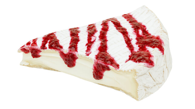 Wedge of creamy brie cheese with red berry jam drizzle, isolated on transparent background